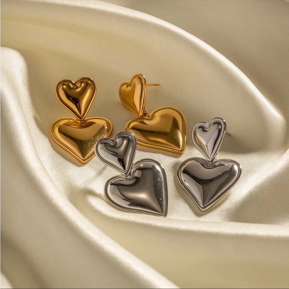◾️Titanium Double Heart Pendant Drop Earrings